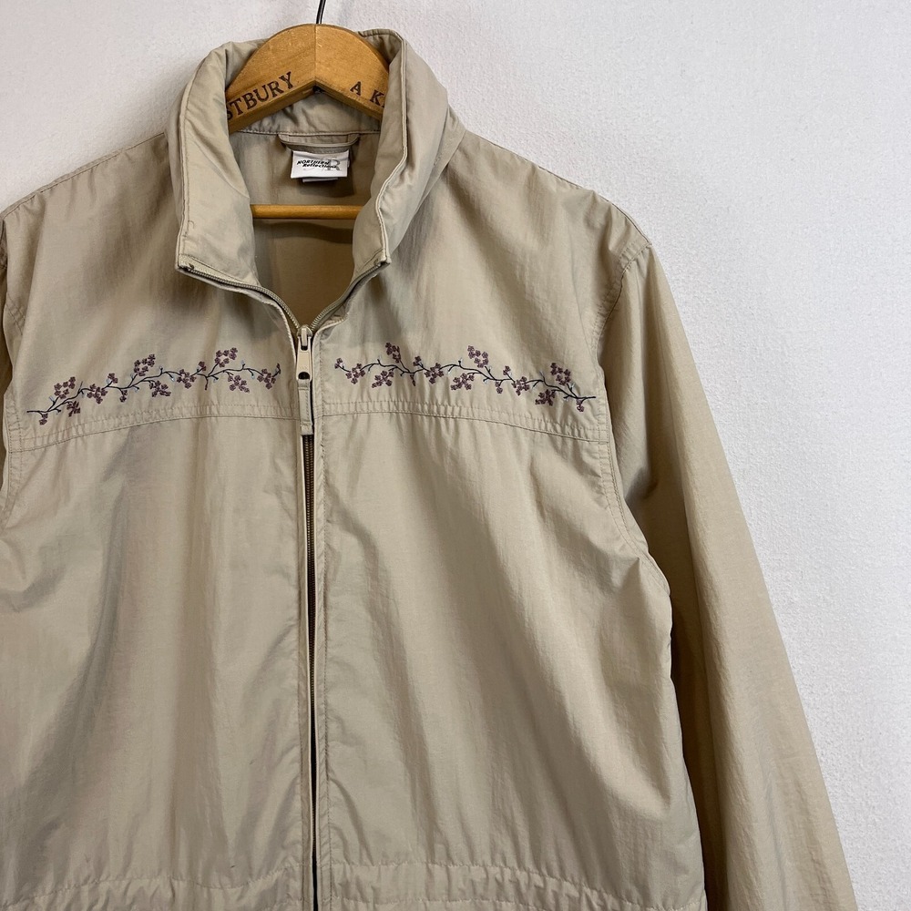 Northern Reflections Tan Floral Embroidered Nylon Windbreaker Jacket Medium - Picture 7 of 12